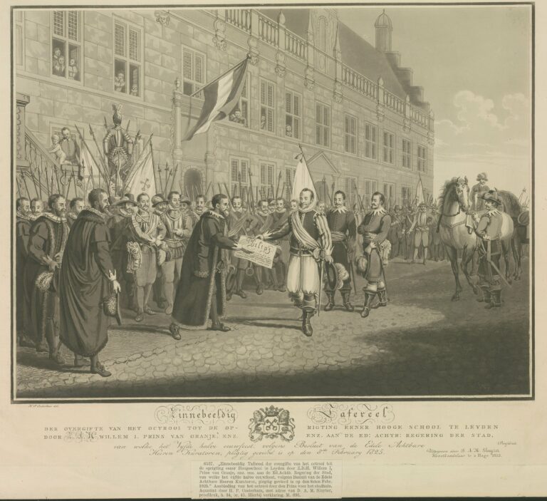 Zinnebeeldig Tafereel der overgifte van het octrooi tot de oprichting eener Hoogeschool te Leyden door Z.D.H. Willem I, Prins van Oranje, enz. aan de Ed. Achtb. der Stad, van welke het vijfde halve eeuwfeest, volgens Besluit van de Edele Achtbare Heeren