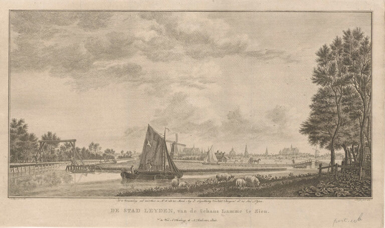 Gezicht op Leiden vanaf de Schans Lammen door Abraham Delfos naar Jan de Beijer, 1762.