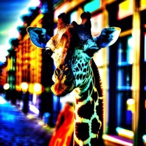 Een giraffe in een drukke winkelstraat.