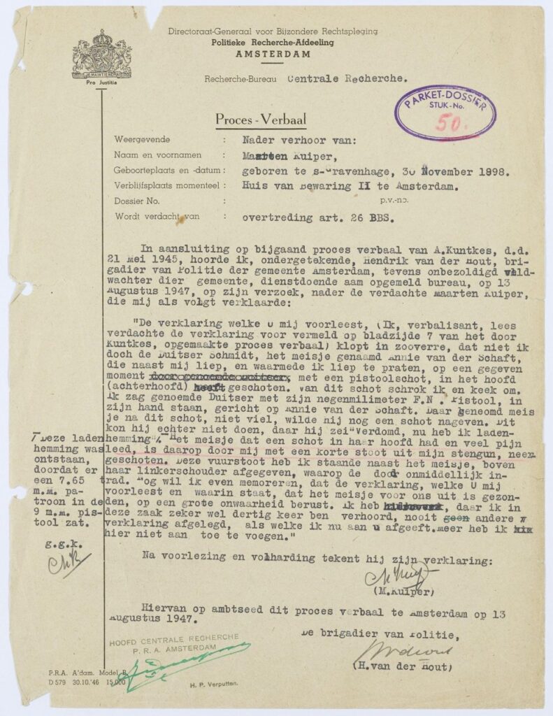 Het proces-verbaal van het verhoor van Maarten Kuiper van 13 augustus 1947 over de moord op Hannie Schaft.