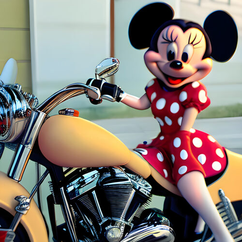 Minnie Mouse op een Harley-Davidson.