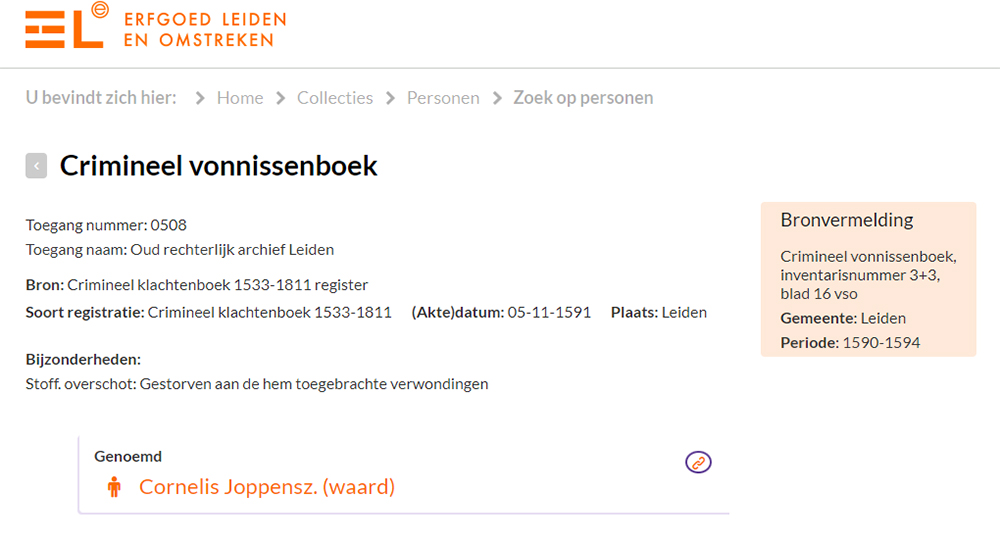 De schermafdruk van Erfgoed Leiden over Cornelis Joppensz.