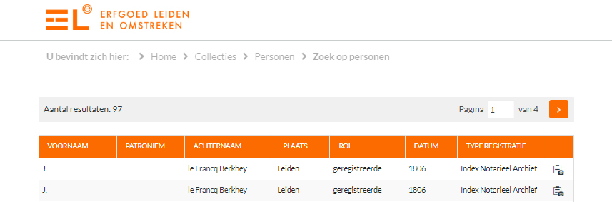 Een overzicht van het gevonden resultaat op de naam Berkhey.