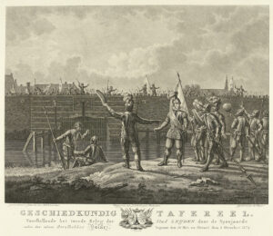Spaanse soldaten tonen brood aan de inwoners van Leiden tijdens het tweede beleg van Leiden. De prent is sinds 1881 in het bezit van het Rijksmuseum en is gemaakt door Dirk Sluyter.