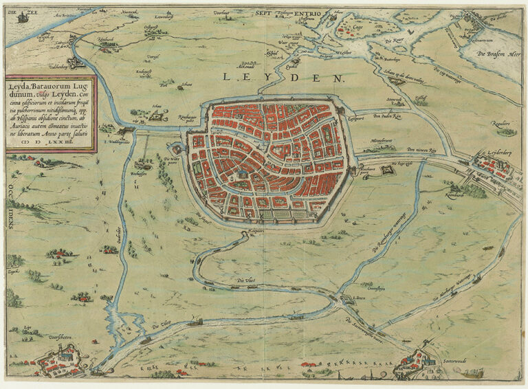 Een ingekleurde versie van de stadskaart van G. Braun en F. Hogenberg.