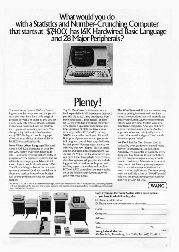 Reclame voor de Wang 2200 uit 1974.